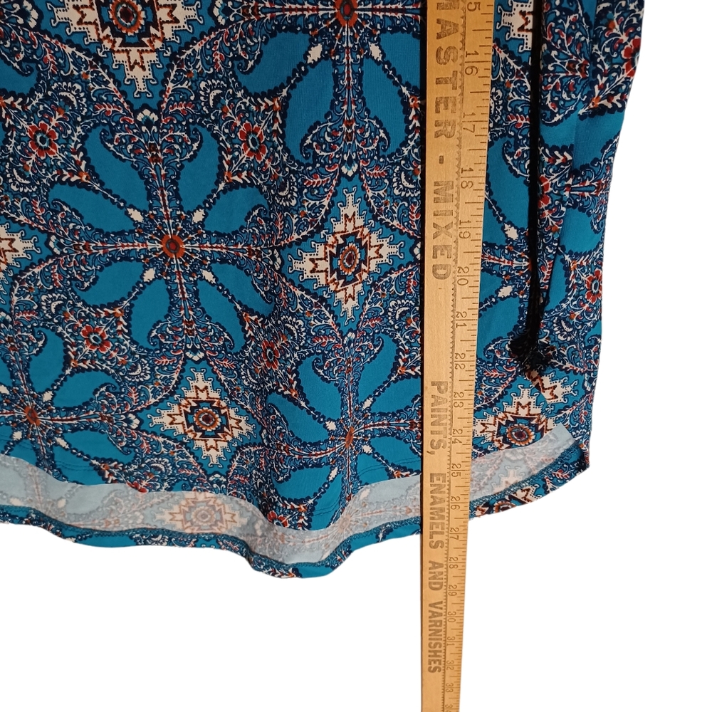 AUW Blue Red White Geometric Floral Print Sleeveless Keyhole Bar Top Medium - Picture 4 of 6